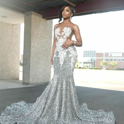 African girls sliver mermaid white appliques prom dress formal evening dresses