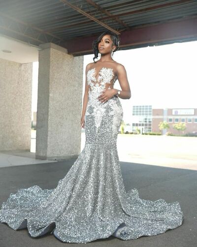 African Girls Sliver Mermaid White Appliques Prom Dress Formal Evening Dresses