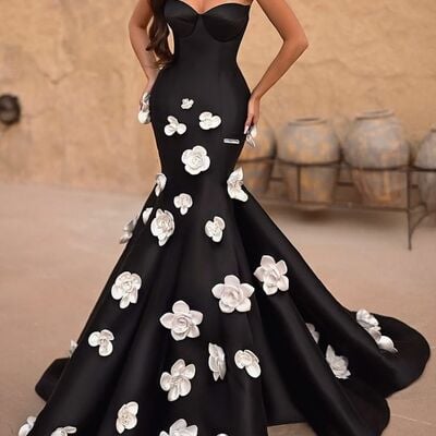 3d handmade flowers black mermaid prom dress formal evening dresses