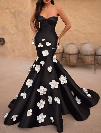 3D Handmade Flowers Black Mermaid Prom Dress Formal Evening Dresses