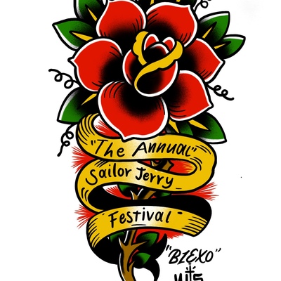 Sailor jerry festival rose t-shirt // traditional cut (full-color on blue, white or black fabric)