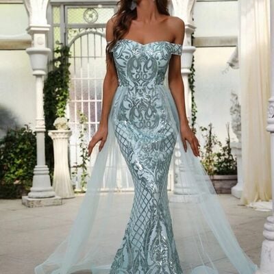 Blue sequins lace mermaid prom dress evening formal gowns