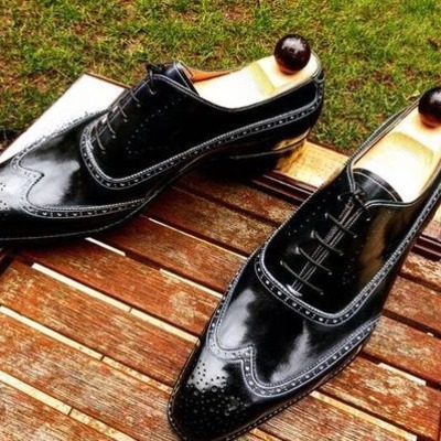 Handmade men black calf leather wingtip oxford dress shoes - Thumbnail 1