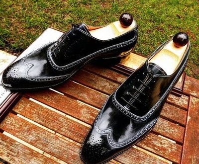 Handmade Men Black Calf Leather Wingtip Oxford Dress Shoes
