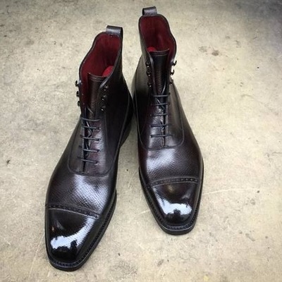 Handmade men black leather ankle high lace up balmoral dress boot