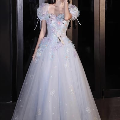 Blue tulle flowers long prom dress, lovely short sleeve evening party dress - Thumbnail 1