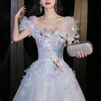 Blue Tulle Flowers Long Prom Dress, Lovely Short Sleeve Evening Party Dress - Thumbnail 1