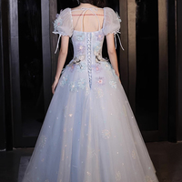 Blue Tulle Flowers Long Prom Dress, Lovely Short Sleeve Evening Party Dress - Thumbnail 2