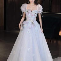 Blue Tulle Flowers Long Prom Dress, Lovely Short Sleeve Evening Party Dress - Thumbnail 3