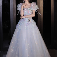 Blue Tulle Flowers Long Prom Dress, Lovely Short Sleeve Evening Party Dress - Thumbnail 4