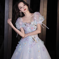 Blue Tulle Flowers Long Prom Dress, Lovely Short Sleeve Evening Party Dress - Thumbnail 5