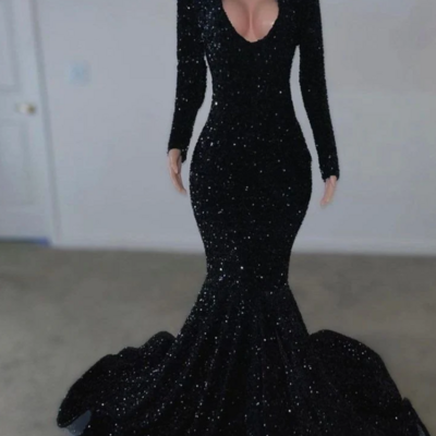 Sexy black sequins slit long prom dress - Thumbnail 1
