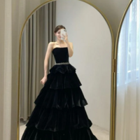 Strapless Black Long Velvet Prom Dress Formal Evening Dresses - Thumbnail 3