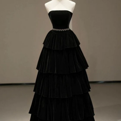 Strapless black long velvet prom dress formal evening dresses - Thumbnail 2