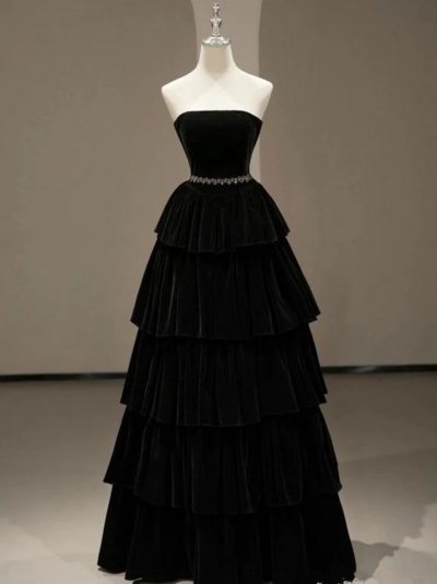 Strapless Black Long Velvet Prom Dress Formal Evening Dresses