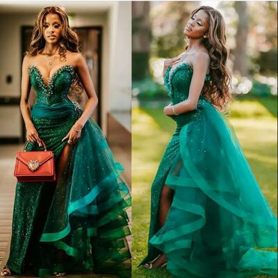 Emerald prom dresses sweetheart necke lace beaded crystals with wrap slit long train elegant evening dress gorgeous party gowns