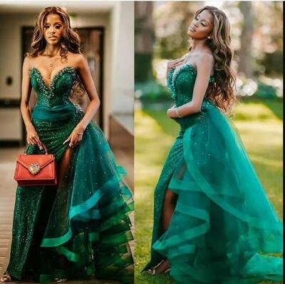 Emerald Prom Dresses Sweetheart Necke Lace Beaded Crystals with Wrap Slit Long Train Elegant Evening Dress Gorgeous Party Gowns