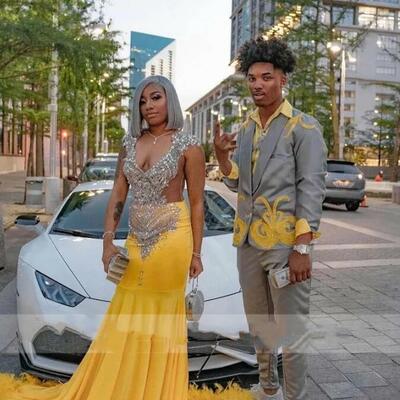 Light yellow mermaid prom dresses feather & rhinestone plus size