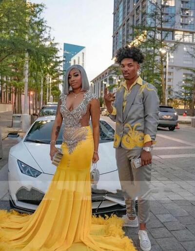 Light Yellow Mermaid Prom Dresses Feather & Rhinestone Plus Size