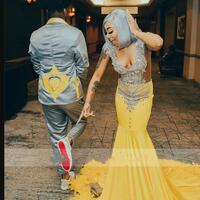 Light Yellow Mermaid Prom Dresses Feather & Rhinestone Plus Size - Thumbnail 1