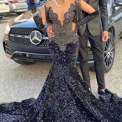 Sparkle navy blue sequined crystals mermaid prom dresses for black girls evening party gowns sheer jewel neck beaded vestidos