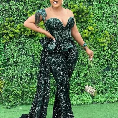 Green one-shoulder sequins beaded jumpsuit prom dresses formal party second reception birthday engagement evening jumpsuit