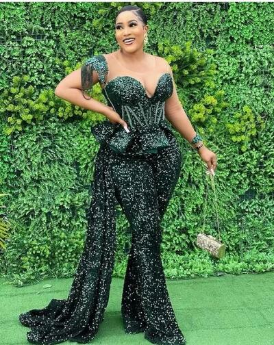 Green One-shoulder Sequins Beaded Jumpsuit Prom Dresses Formal Party Second Reception Birthday Engagement Evening Jumpsuit