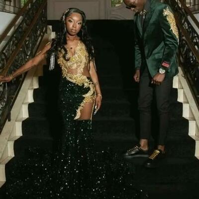 Long prom dresses for black girls gold appliques birthday party gowns tassel evening gown mermaid robe de bal 