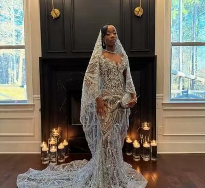 Vintage Silver Lace Mermaid Prom Dresses With Veil Sparkle Formal Birthday Party Illusion Lace Evening Gown Customized