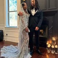 Vintage Silver Lace Mermaid Prom Dresses With Veil Sparkle Formal Birthday Party Illusion Lace Evening Gown Customized - Thumbnail 1