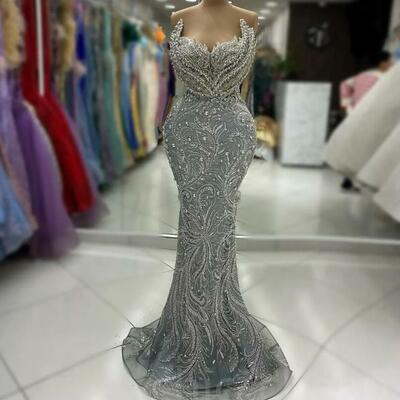 Luxury mermaid prom dress crystals beaded sequined evening formal party second reception 50th birthday engagement