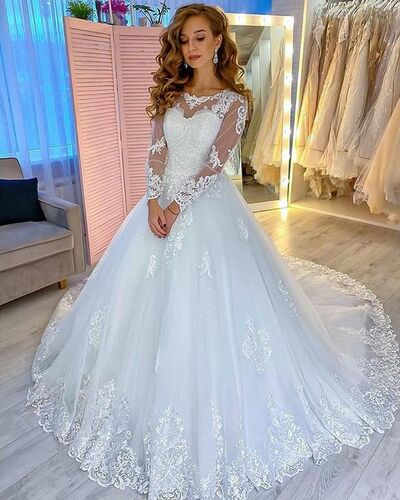 Princess Lace Long Sleeve Wedding Dress,Elegant White Bridal Gown with Train，1911
