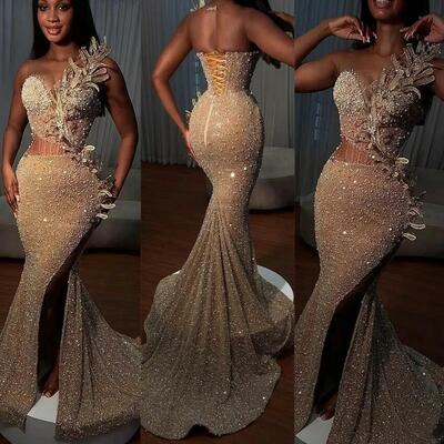 Mermaid prom dresses sparkly sequins illusion bodice beaded applique high split custom made pleats evening gown formal ocn wear vestidos plus