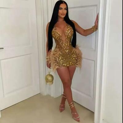 Beaded rhie dia short prom dresses feathers birthday dress gold mini tail homecoming customized