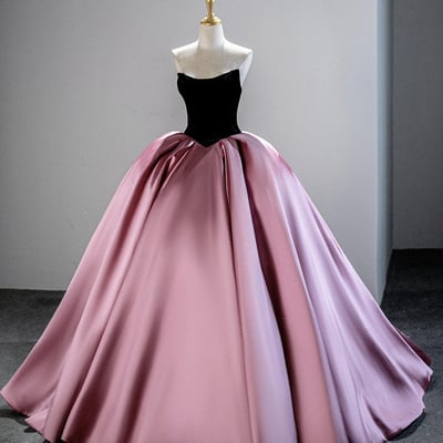 Black velvet and pink satin long prom prom dress