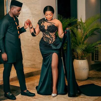 Prom dresses for black women illusion evening dresses elegant long sleeves high neck appliqued beaded lace high split formal