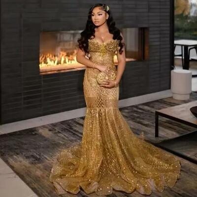 Gold prom dresses black girl sequin beading christmas party gowns mermaid evening dress gala customized