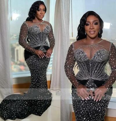 Luxury Black Sequins Prom Dresses Long Sleeves Beads Crystals Prom Dress Exquiste Birthday Party Gowns Robes De Soiree