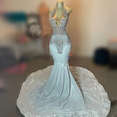 Shinny silver prom dresses sexy sheer neckhandmade rhinestone black girl party dress gala long evening gowns customized