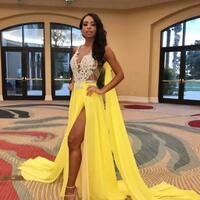 Bright Yellow Summer Prom Dresses With Wrap Appliqued Lace Beads Sleeveless Formal Custom Made Sexy Illusion Sweep Train Evening Dress - Thumbnail 1