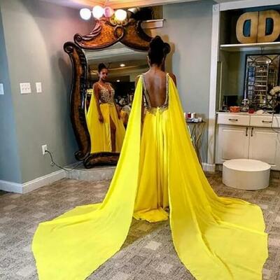 Bright yellow summer prom dresses with wrap appliqued lace beads sleeveless formal custom made sexy illusion sweep train evening dress
