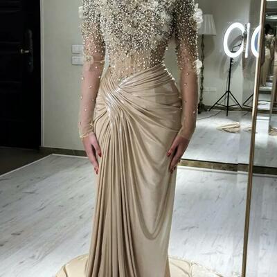 Elegant champagne mermaid prom dresses beaded long sleeves corset evening gowns 3d floral appliques ruched formal dress for women