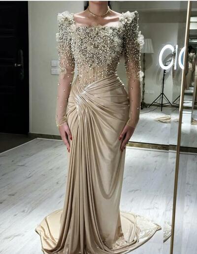 Elegant Champagne Mermaid Prom Dresses Beaded Long Sleeves Corset Evening Gowns 3D Floral Appliques Ruched Formal Dress For Women