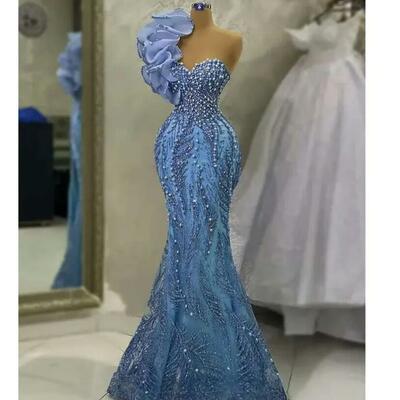 One shoulder prom pearls mermaid sequined lace evening formal party second reception birthday engagement gowns dress robe de