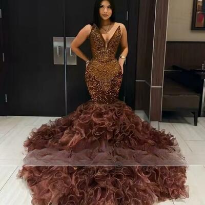 Luxury brown sequins mermaid prom dresses sexy v neck plus size formal evening occasion gowns 
