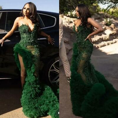 Side split dark green prom dresses appliques lace beaded ruffles long pageant special occasion gowns sweetheart sleeveless evening dress 