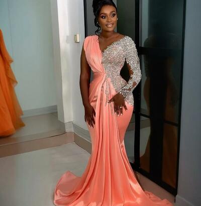 Plus Size Watermelon Prom Dress Mermaid Evening Dresses Formal Gowns Sheer Neck Beaded Long Sleeves Rhinestones Birthday Dress 