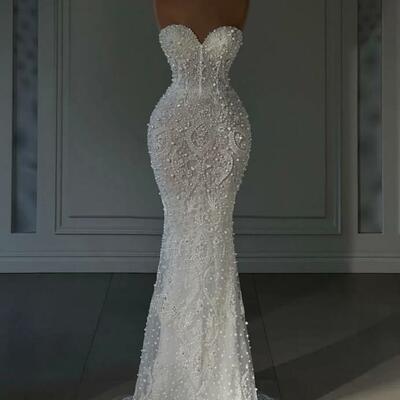 Elegant prom dresses sleeveless strapless sweetheart appliques sequins beaded pearls evening dresses lace floor length evening dress plus size