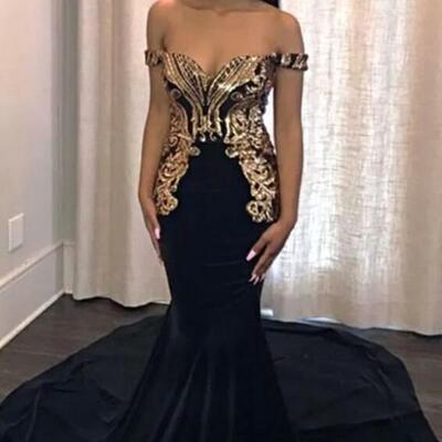 Elegant black gold metal appliqued mermaid prom dresses off the shoulder black girls formal party evening gowns