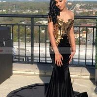 Elegant Black Gold Metal Appliqued Mermaid Prom Dresses Off The Shoulder Black Girls Formal Party Evening Gowns - Thumbnail 1
